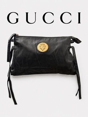 Vintage Gucci Hysteria Black Leather Clutch w/ Gold Crest Medallion | AUTHENTIC